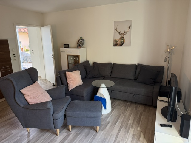 Wohnzimmer mit neuer grauer Schlafcouch